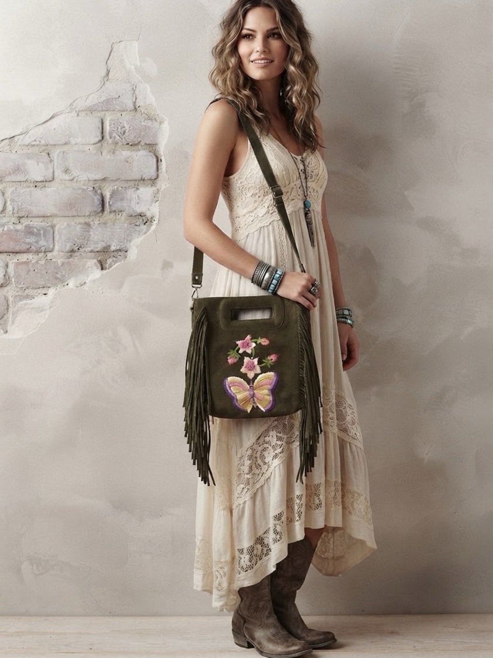 Anthropologie Raj L.A. Suede Butterfly Fringe Crossbody Bag
